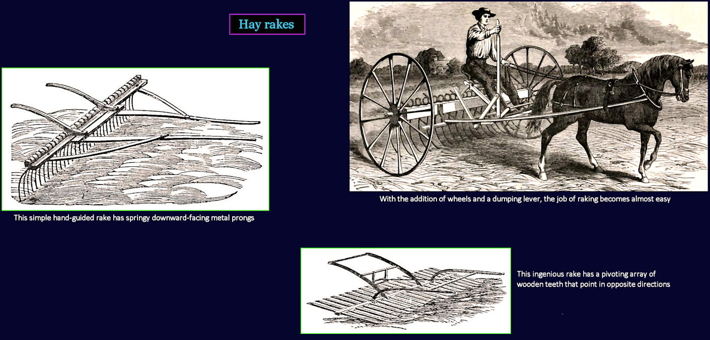 Horse-driven hay rakes, 1860s
